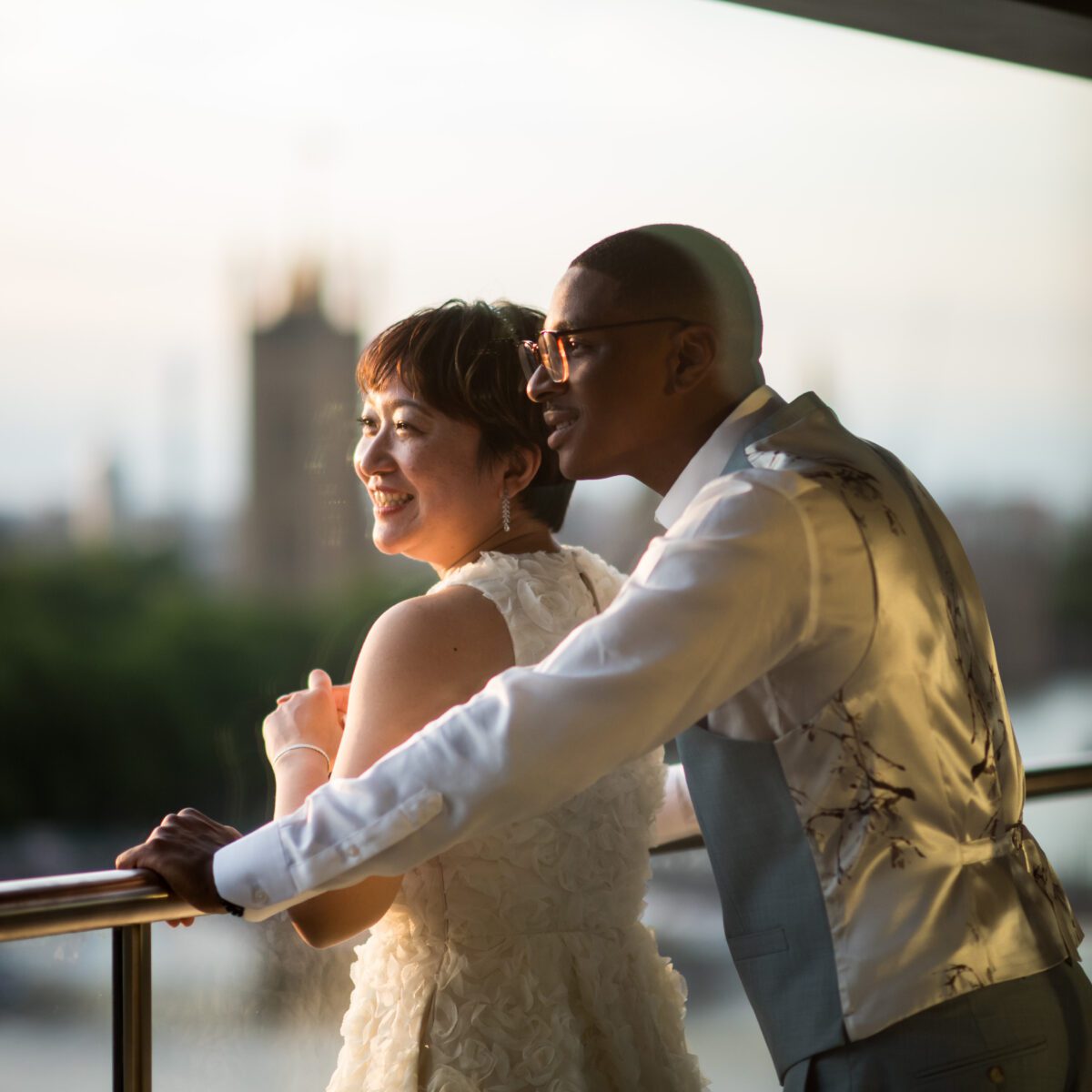 Bride and Groom on balcony in london